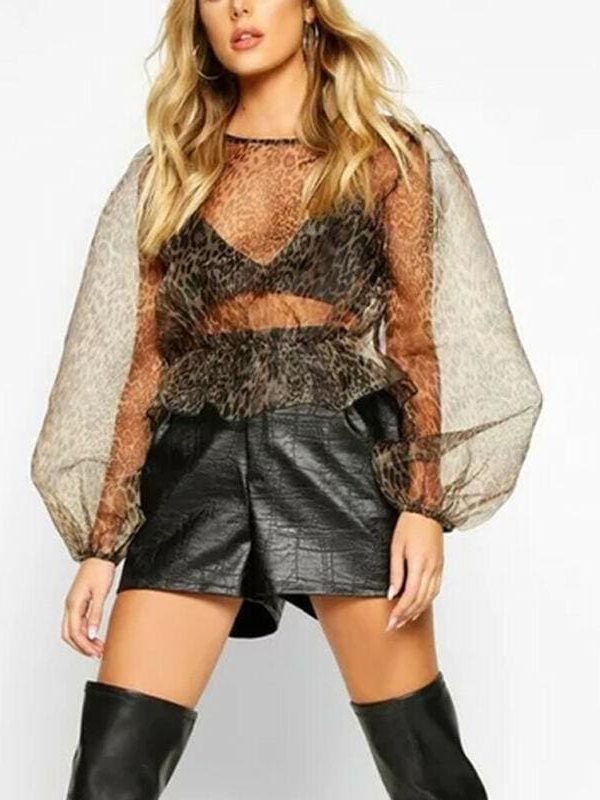 The Best Women's Leopard Sheer Mesh Lantern Long Sleeve Shirt Tops Online - Takalr