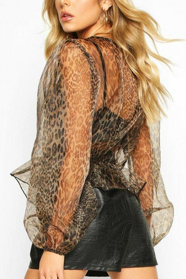 The Best Women's Leopard Sheer Mesh Lantern Long Sleeve Shirt Tops Online - Takalr