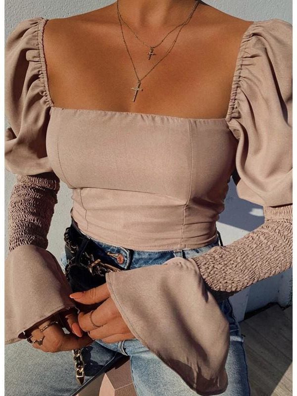 The Best Women's Long Bell Sleeve Tops Square Neck Casual Tunics Crop Workout OL Shirt Blouse Tee Women Clothing Online - Takalr