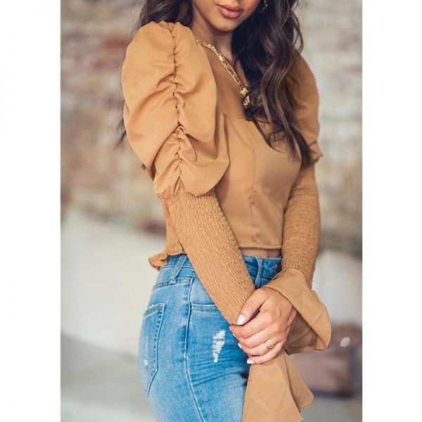 The Best Women's Long Bell Sleeve Tops Square Neck Casual Tunics Crop Workout OL Shirt Blouse Tee Women Clothing Online - Takalr