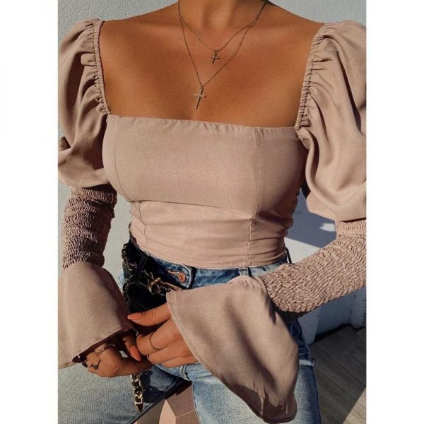 The Best Women's Long Bell Sleeve Tops Square Neck Casual Tunics Crop Workout OL Shirt Blouse Tee Women Clothing Online - Takalr