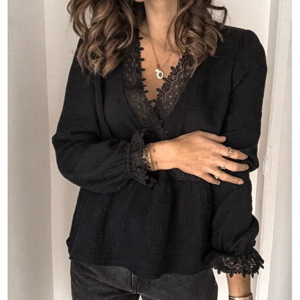 The Best Women's Long Sleeve V-neck Tops Shirt Ladies Casual Solid Loose Basic Blouse Shirt Tee Online - Takalr