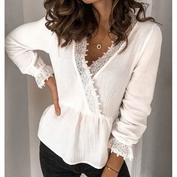 The Best Women's Long Sleeve V-neck Tops Shirt Ladies Casual Solid Loose Basic Blouse Shirt Tee Online - Takalr