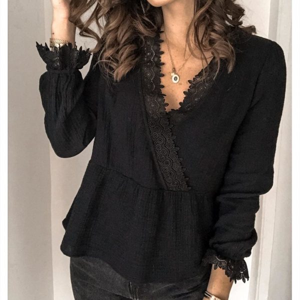 The Best Women's Long Sleeve V-neck Tops Shirt Ladies Casual Solid Loose Basic Blouse Shirt Tee Online - Takalr