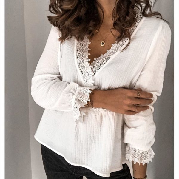 The Best Women's Long Sleeve V-neck Tops Shirt Ladies Casual Solid Loose Basic Blouse Shirt Tee Online - Takalr