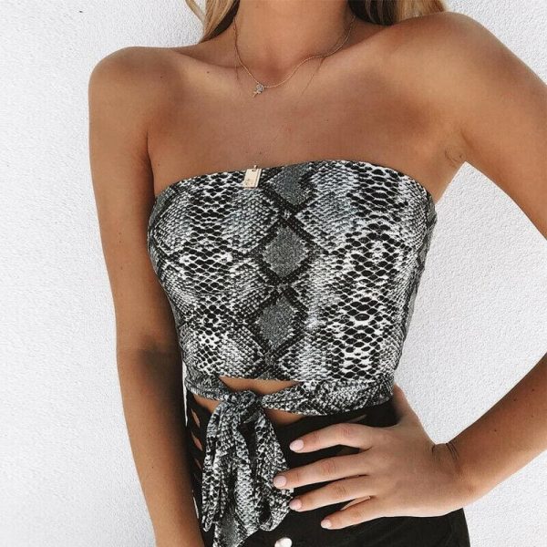 The Best Women's Off Shoulder Snake Print Front Tie Bow Bandage Crop Top Veast Sexy Ladies Wrapped Tube Cami Top Online - Takalr