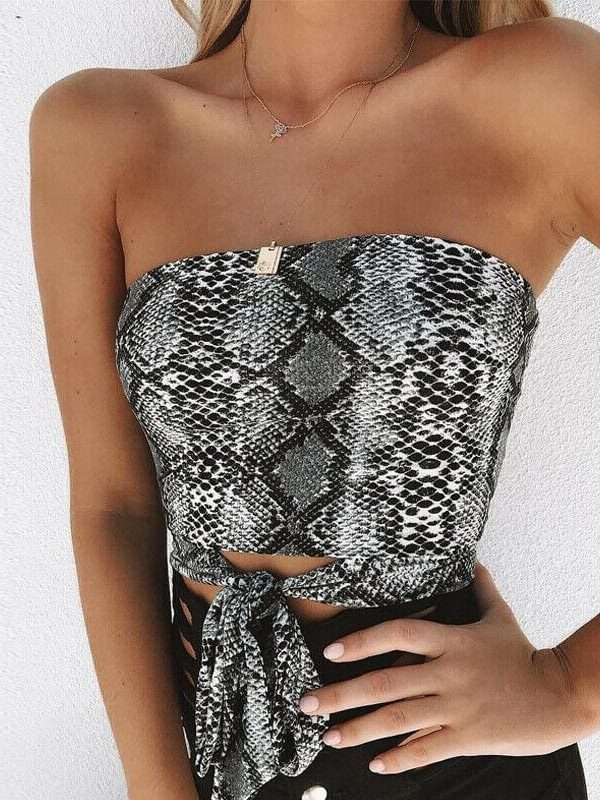 The Best Women's Off Shoulder Snake Print Front Tie Bow Bandage Crop Top Veast Sexy Ladies Wrapped Tube Cami Top Online - Takalr