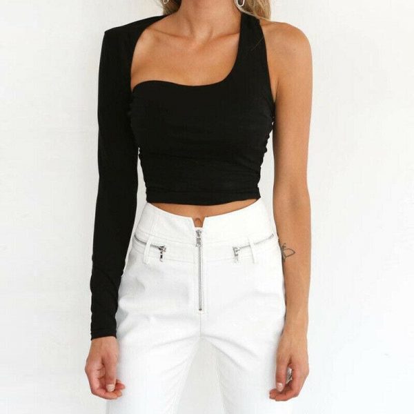 The Best Women's One Shoulder Crop Top Long Sleeve Slim Vest Tank Tops Clubwear Cami Bralet Bra Online - Takalr