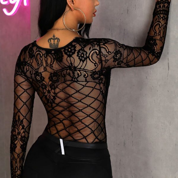 The Best Women's See through Lace Mesh Sheer Long Sleeve Crop Top Shirt Black Ladies Sleepwear Casual Tops Online - Takalr