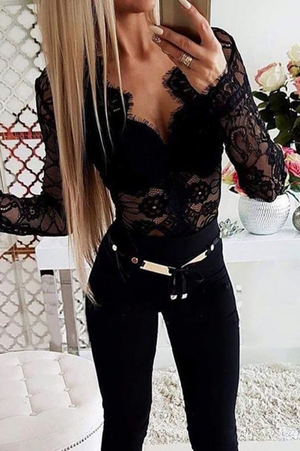 The Best Women's See through Lace Mesh Sheer Long Sleeve Crop Top Shirt Black Ladies Sleepwear Casual Tops Online - Takalr