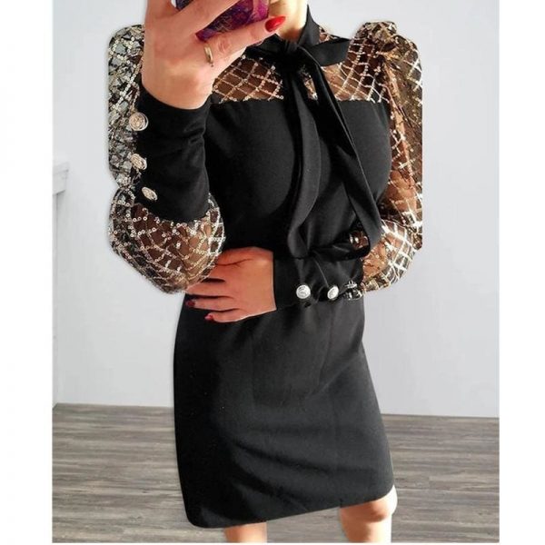 The Best Women's Sequin Tie Neck Wrap Mini Dress Career Mesh Long Sleeve Bodycon Dress Online - Takalr