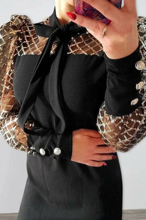 The Best Women's Sequin Tie Neck Wrap Mini Dress Career Mesh Long Sleeve Bodycon Dress Online - Takalr