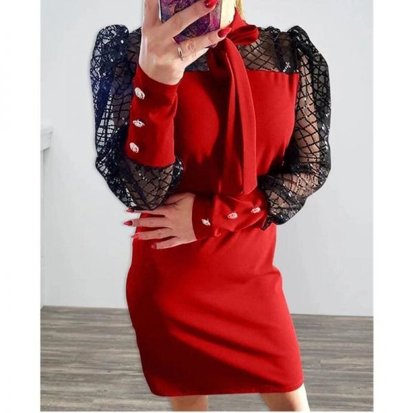 The Best Women's Sequin Tie Neck Wrap Mini Dress Career Mesh Long Sleeve Bodycon Dress Online - Takalr