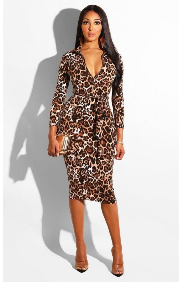 The Best Women's Sexy Long Sleeve Bodycon Dress Leopard Floral Ladies V neck Midi Dress Online - Takalr