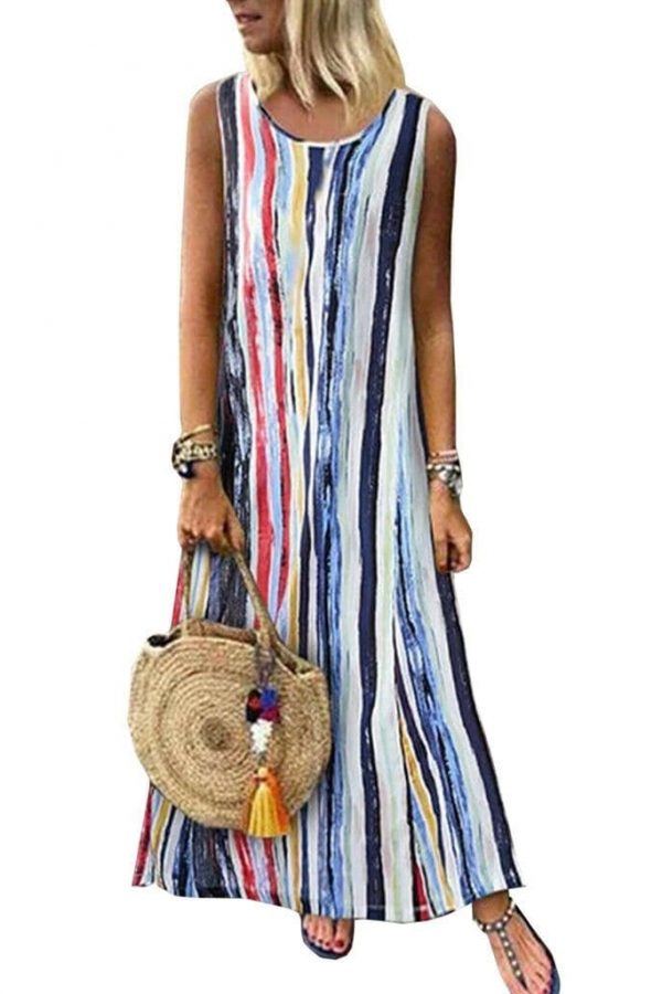 The Best Women's Sleeveless V-neck Striped Hem Baggy Kaftan Ladies Casual Loose Maxi Long Dress Sundress Online - Takalr