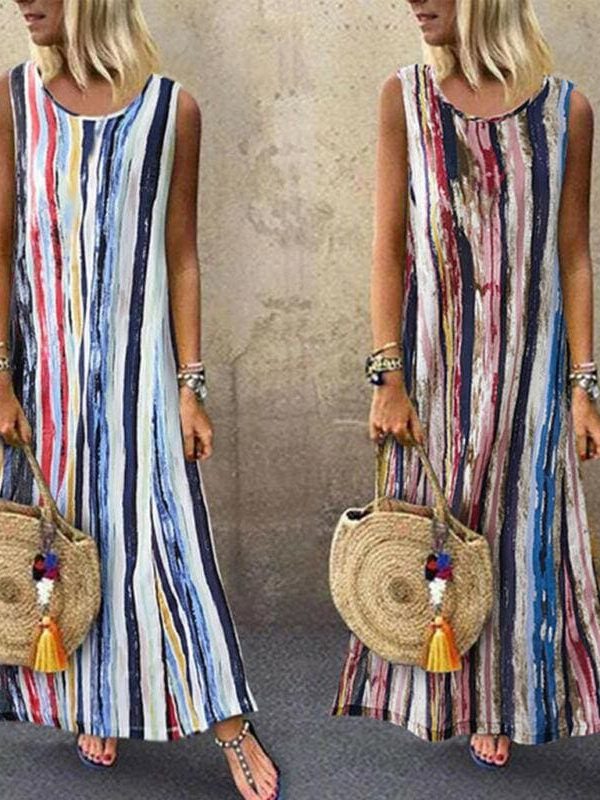 The Best Women's Sleeveless V-neck Striped Hem Baggy Kaftan Ladies Casual Loose Maxi Long Dress Sundress Online - Takalr