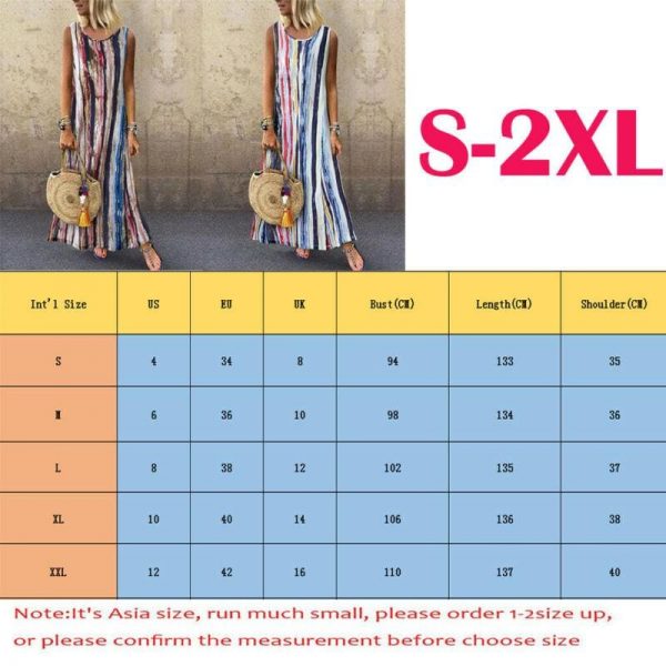 The Best Women's Sleeveless V-neck Striped Hem Baggy Kaftan Ladies Casual Loose Maxi Long Dress Sundress Online - Takalr