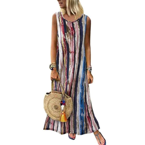 The Best Women's Sleeveless V-neck Striped Hem Baggy Kaftan Ladies Casual Loose Maxi Long Dress Sundress Online - Takalr