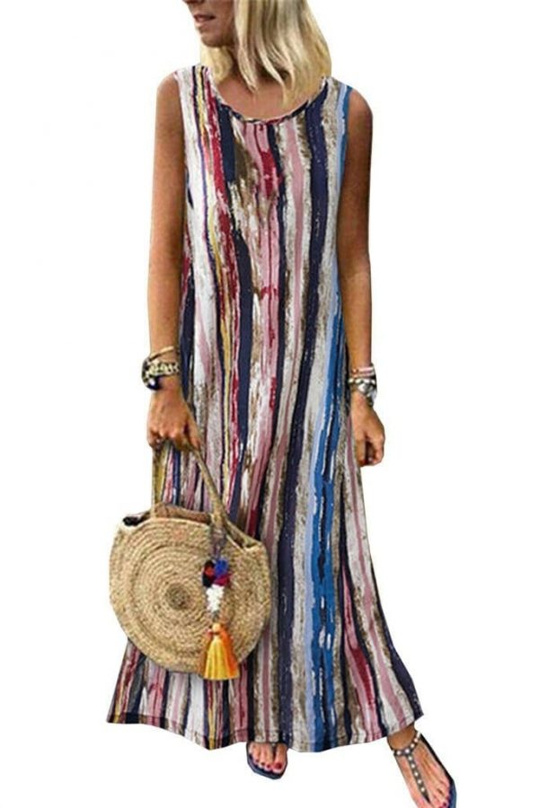 The Best Women's Sleeveless V-neck Striped Hem Baggy Kaftan Ladies Casual Loose Maxi Long Dress Sundress Online - Takalr