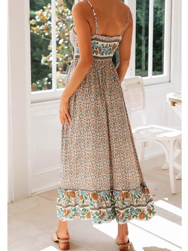 The Best Women's Sling Floral Long Dresses Summer Boho V-Neck Sleeveless Holiday Party Beach Maxi Dress Online - Takalr