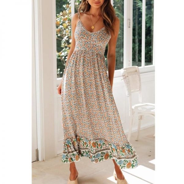 The Best Women's Sling Floral Long Dresses Summer Boho V-Neck Sleeveless Holiday Party Beach Maxi Dress Online - Takalr