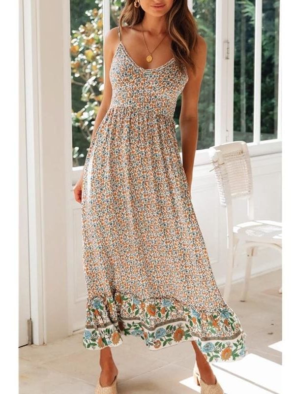 The Best Women's Sling Floral Long Dresses Summer Boho V-Neck Sleeveless Holiday Party Beach Maxi Dress Online - Takalr