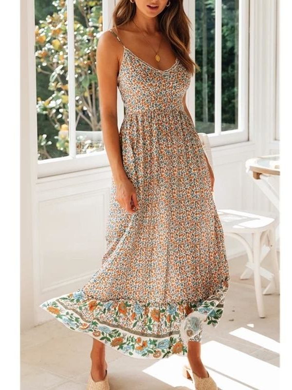 The Best Women's Sling Floral Long Dresses Summer Boho V-Neck Sleeveless Holiday Party Beach Maxi Dress Online - Takalr