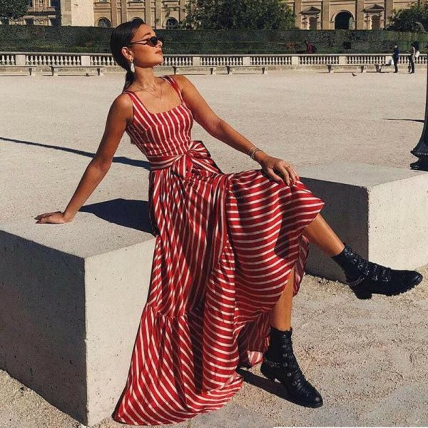 The Best Women's Strappy Striped Long Boho Dress Ladies Casual Beach Holiday Maxi Dress Online - Takalr