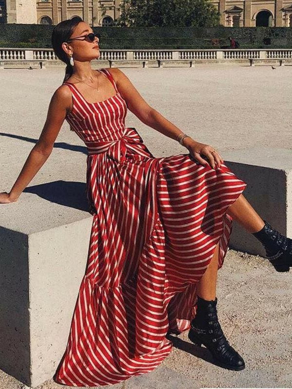 The Best Women's Strappy Striped Long Boho Dress Ladies Casual Beach Holiday Maxi Dress Online - Takalr