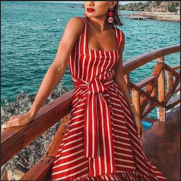 The Best Women's Strappy Striped Long Boho Dress Ladies Casual Beach Holiday Maxi Dress Online - Takalr