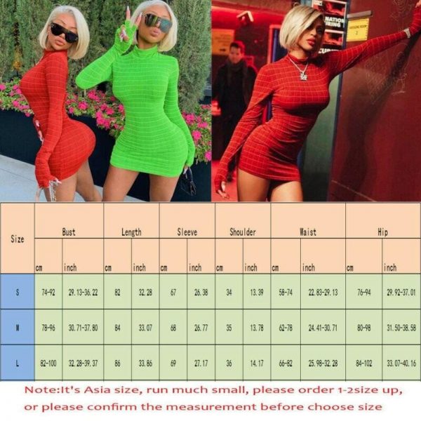 The Best Women's Stretch Long Sleeve Plaid High Neck Bodycon Dress Autumn Ladies Clubwear Party Club Short Mini Dress Online - Takalr