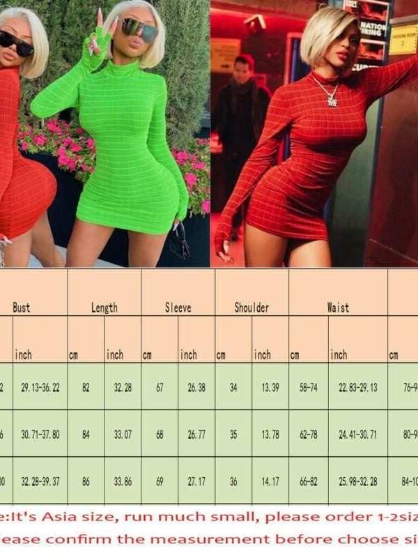 The Best Women's Stretch Long Sleeve Plaid High Neck Bodycon Dress Autumn Ladies Clubwear Party Club Short Mini Dress Online - Takalr