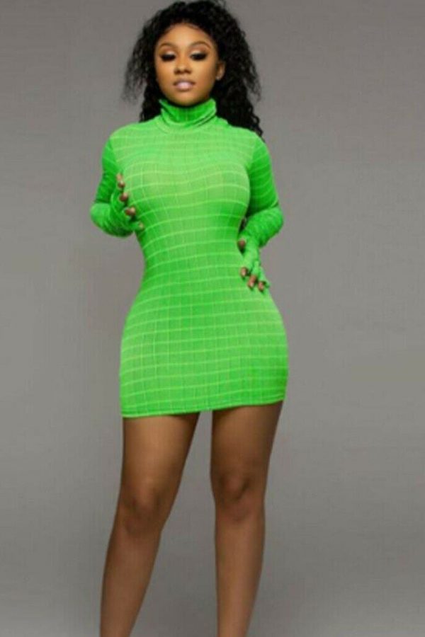 The Best Women's Stretch Long Sleeve Plaid High Neck Bodycon Dress Autumn Ladies Clubwear Party Club Short Mini Dress Online - Takalr