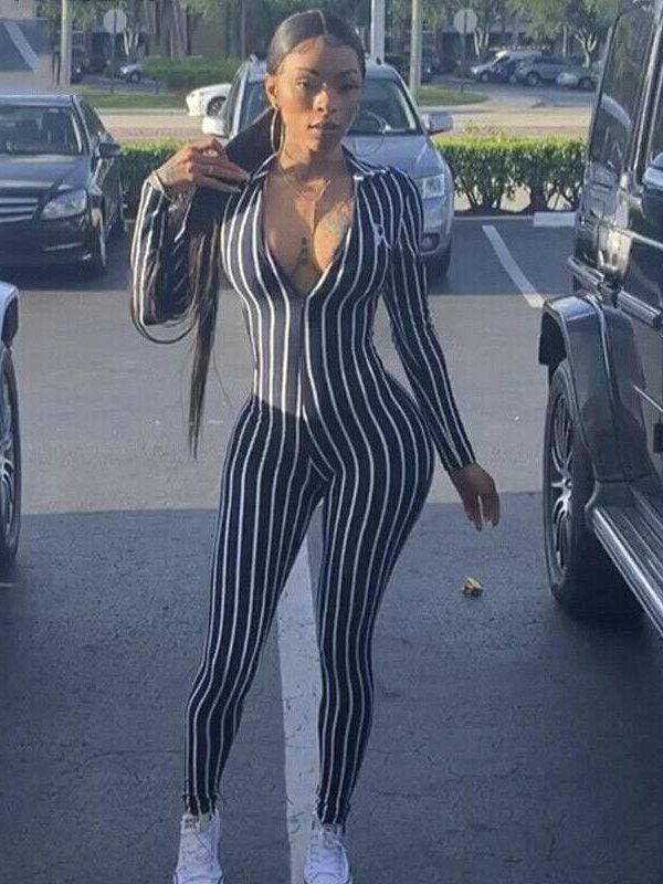 The Best Women's Stripe Long Sleeve Long Pant Jumpsuit Ladies V neck Summer Clubwear Casual Romper Trouser Playsuit Online - Takalr