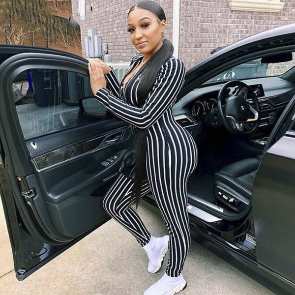 The Best Women's Stripe Long Sleeve Long Pant Jumpsuit Ladies V neck Summer Clubwear Casual Romper Trouser Playsuit Online - Takalr