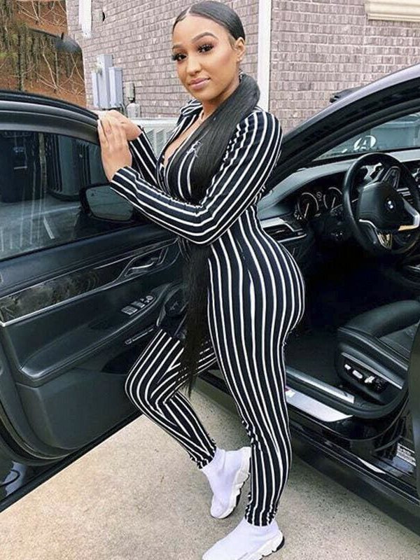 The Best Women's Stripe Long Sleeve Long Pant Jumpsuit Ladies V neck Summer Clubwear Casual Romper Trouser Playsuit Online - Takalr