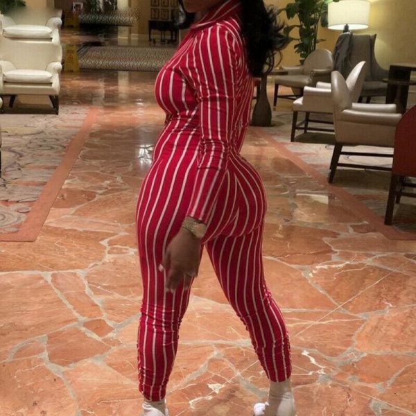 The Best Women's Stripe Long Sleeve Long Pant Jumpsuit Ladies V neck Summer Clubwear Casual Romper Trouser Playsuit Online - Takalr