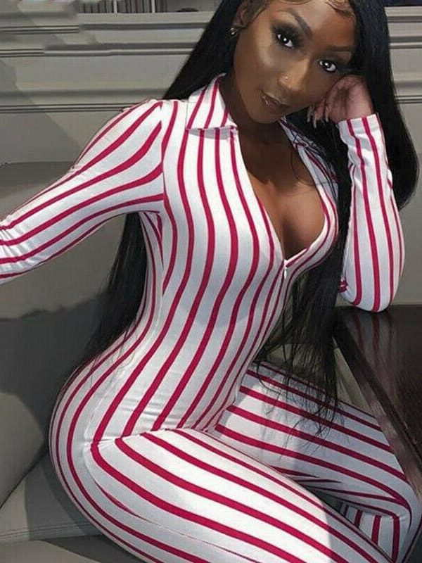 The Best Women's Stripe Long Sleeve Long Pant Jumpsuit Ladies V neck Summer Clubwear Casual Romper Trouser Playsuit Online - Takalr