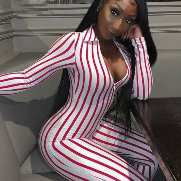 The Best Women's Stripe Long Sleeve Long Pant Jumpsuit Ladies V neck Summer Clubwear Casual Romper Trouser Playsuit Online - Takalr