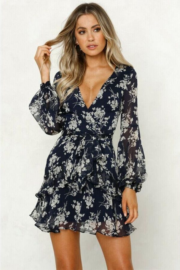 The Best Women's Summer Boho Floral Short Mini Dress Ladies Long Sleeve V Neck Holiday Party Beach Dress Sundress Online - Takalr