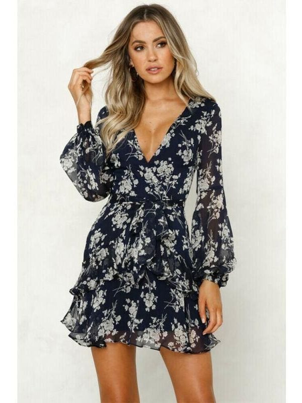 The Best Women's Summer Boho Floral Short Mini Dress Ladies Long Sleeve V Neck Holiday Party Beach Dress Sundress Online - Takalr