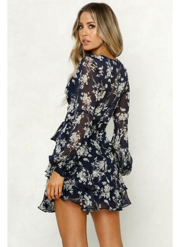 The Best Women's Summer Boho Floral Short Mini Dress Ladies Long Sleeve V Neck Holiday Party Beach Dress Sundress Online - Takalr