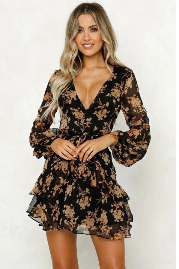 The Best Women's Summer Boho Floral Short Mini Dress Ladies Long Sleeve V Neck Holiday Party Beach Dress Sundress Online - Takalr