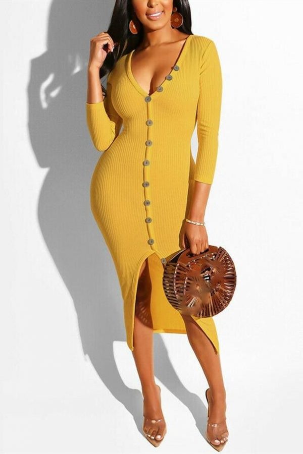 The Best Women's Wrap V-neck Ribbed Knit Elegant Ladies Slim Bodycon Jumper Casual Midi Dress Online - Takalr