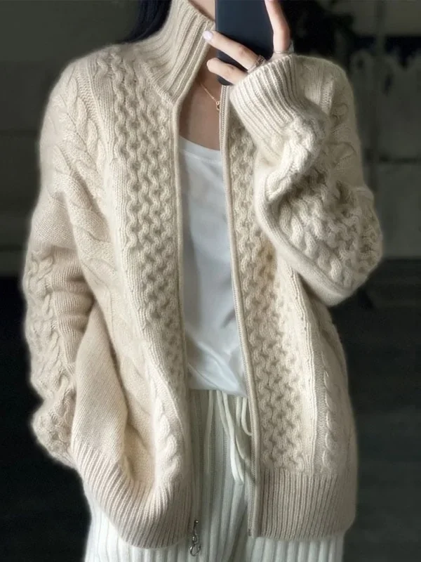 Thick high-neck cashmere knitted Cardigan women loose thin zipper sweater coat