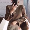 Women Autumn And Winter Half High Collar Knitted Sweaters Elastic Solid Color Pullover Button Full Sleeve Tops