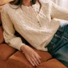 Women O-Neck Front Buttons Twist Knit Sweater Long Sleeve Pullover Tops