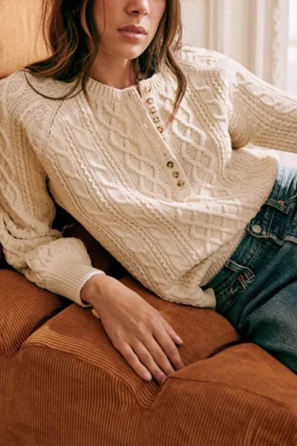Women O-Neck Front Buttons Twist Knit Sweater Long Sleeve Pullover Tops