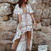 Deep V Neck Bow Tie Boho Long Dress Cut Out Sexy Irregular Beach Robe Print Floral Dress