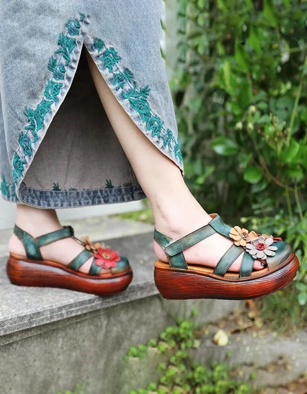 Close Toe Wedge Heel Flower Leather Summer Sandals Women Sandals - Image 3